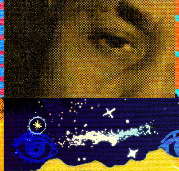 Abstract collage, deep blue and sandy yellow, comprising photo of human face cropped to focus on eye above night sky with stylized eye in starfield over sliver of mountain.