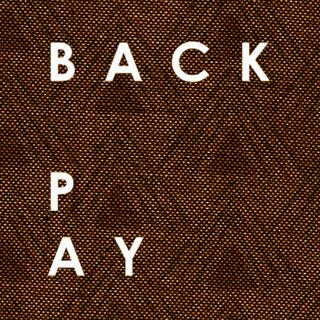 Back Pay logo in white font inside cicle with patterned background of small triangles.