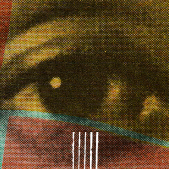 Close-up photo of human eye, tinted yellow, with contrasting abstract overlays.