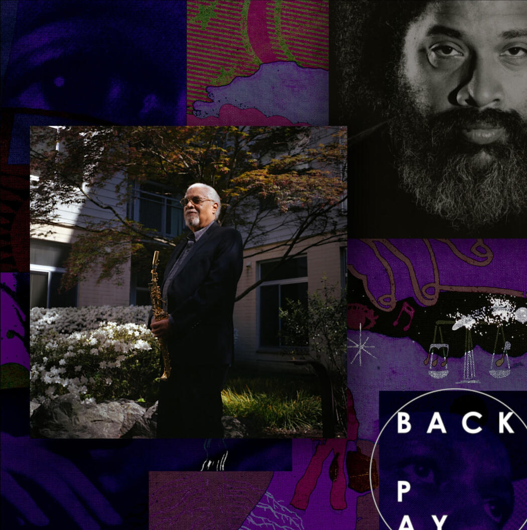 Colorful, abstract collage comprising photo of human face cropped to focus on eye, back of blue-suited man standing in road, and tree roots.